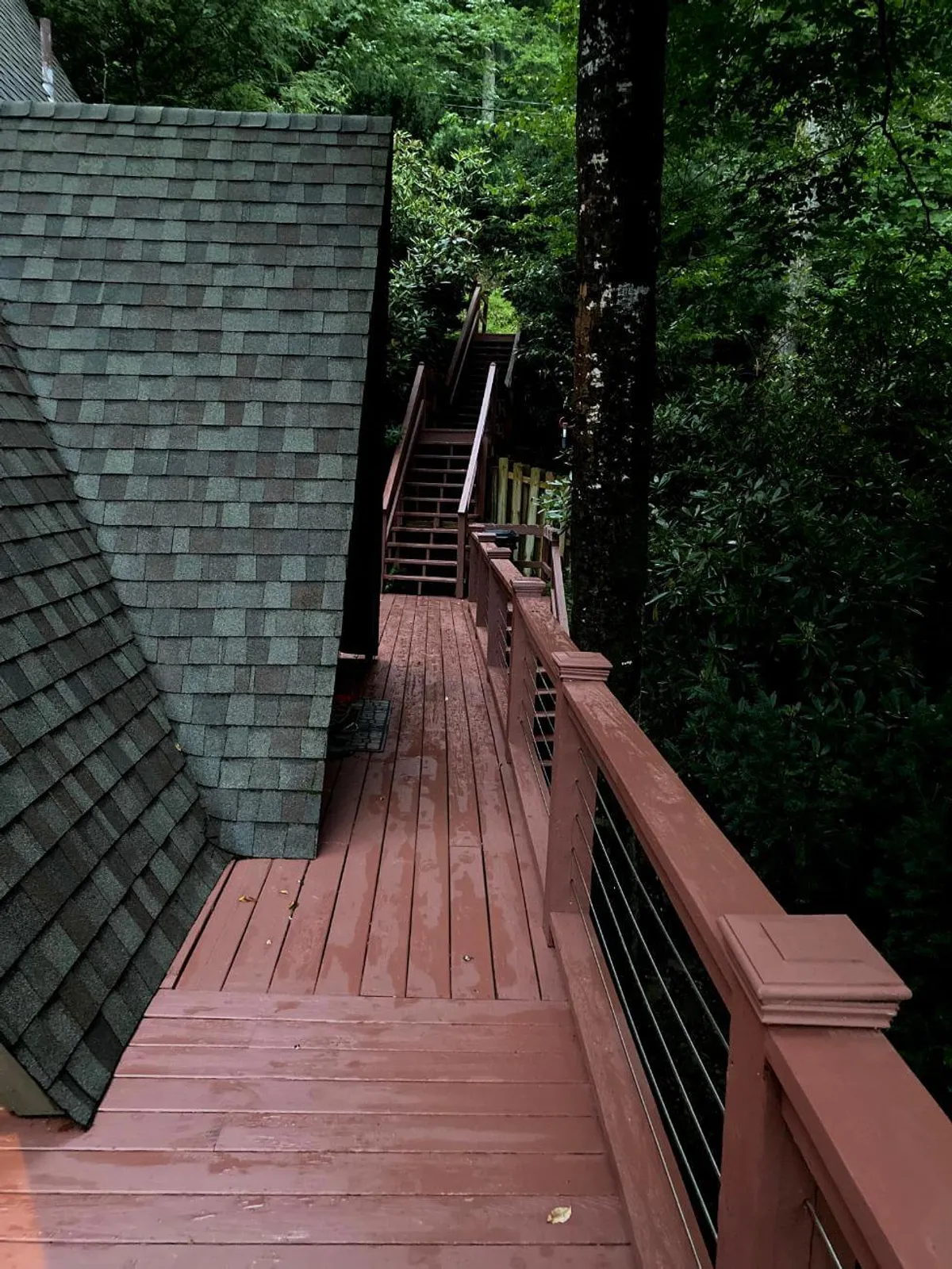 A wooden deck nestled among tall trees, with a staircase connecting to the forest floor below. The setting feels peaceful and secluded, ideal for relaxing after a day outdoors or watching for wildlife from the comfort of the home.